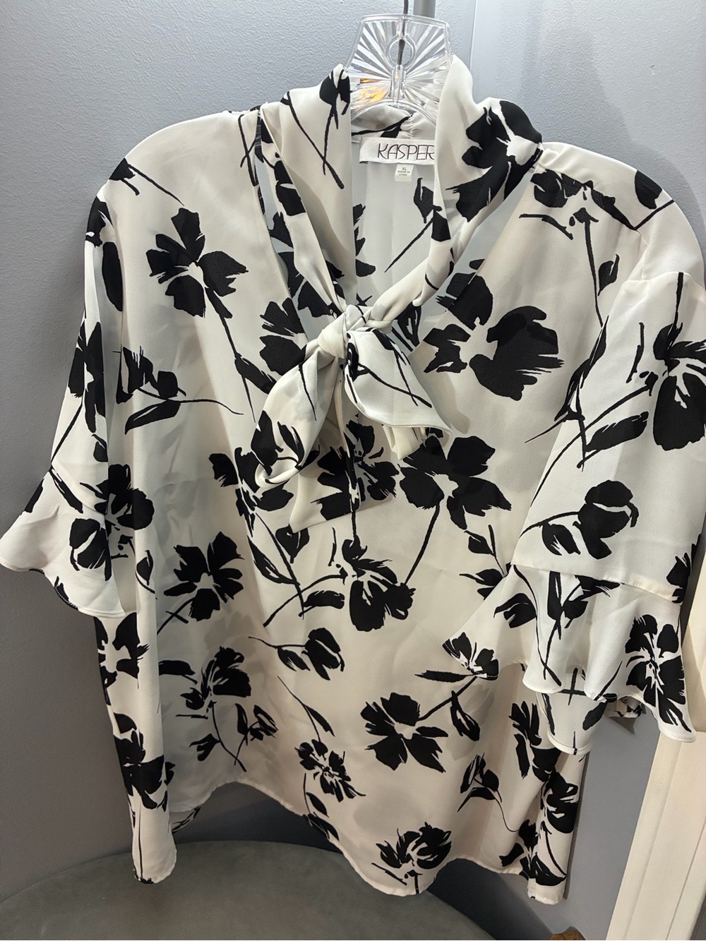 Kasper Cream and Black Floral Tie-Neck Blouse